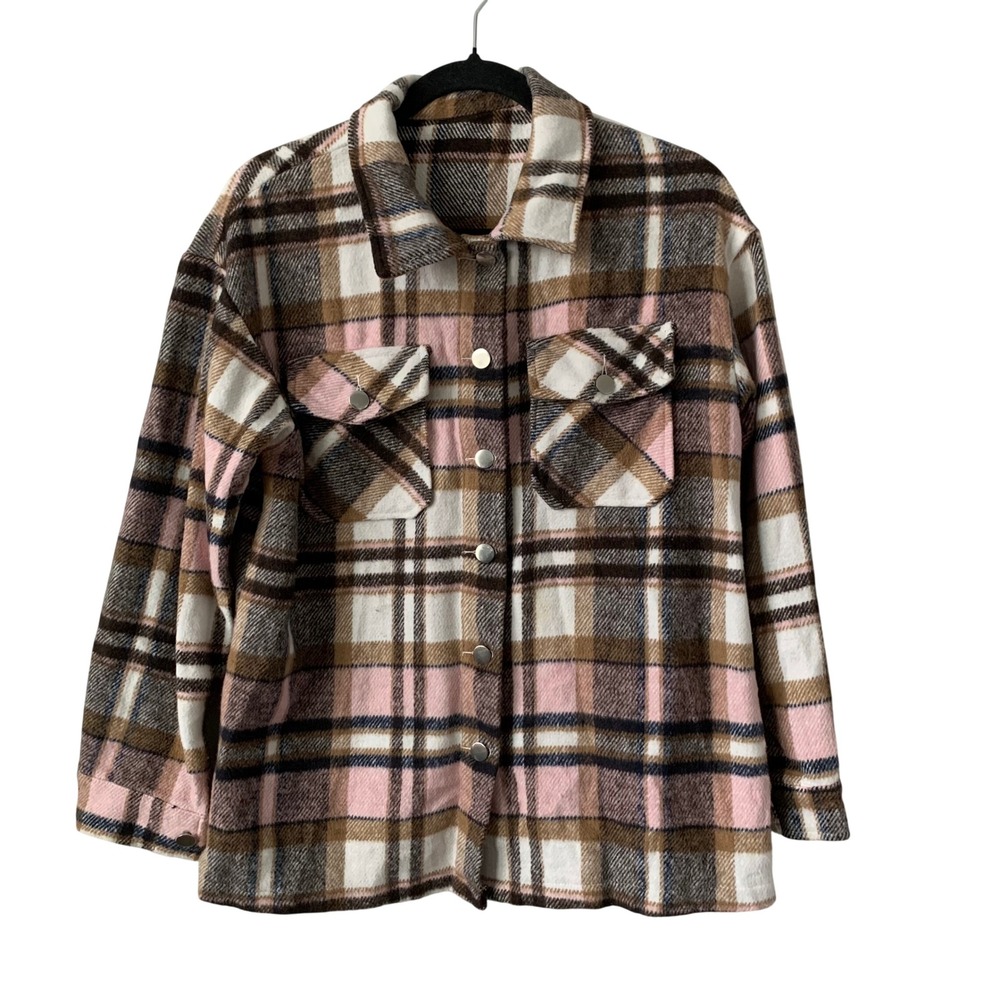 Unbranded Plaid Flannel Shacket Small Pink Brown Excellent Button Up Polyester